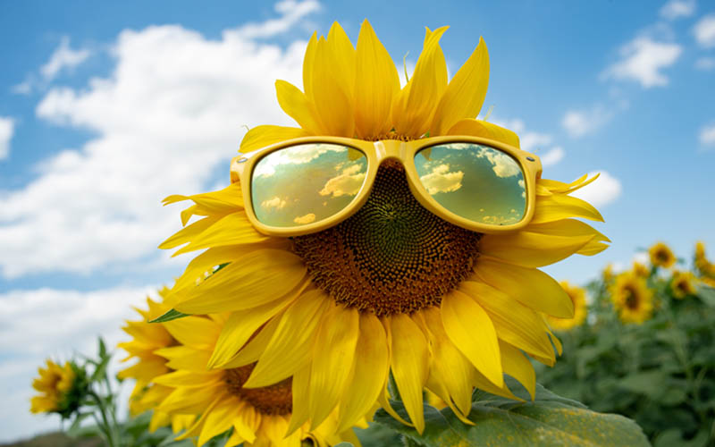 sunflower with sunglasses under blue sky during sunshine